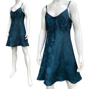 Vtg Celestial Fairy Sun Moon Stars Hearts Dark Green Satin Mini Slip Dress M/L